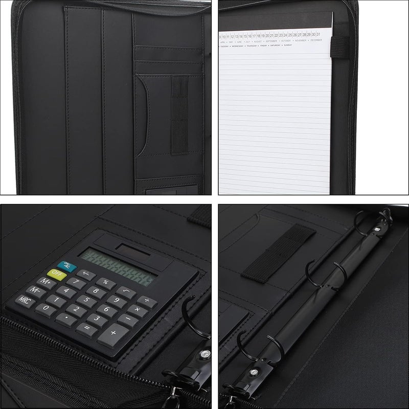Freeprint Business Portfolio with Zipper 3 Ring Binder Organizer - PU Leather Folder Padfolio Document Organizer with Solar Calculator,Writing Pad - Image 4