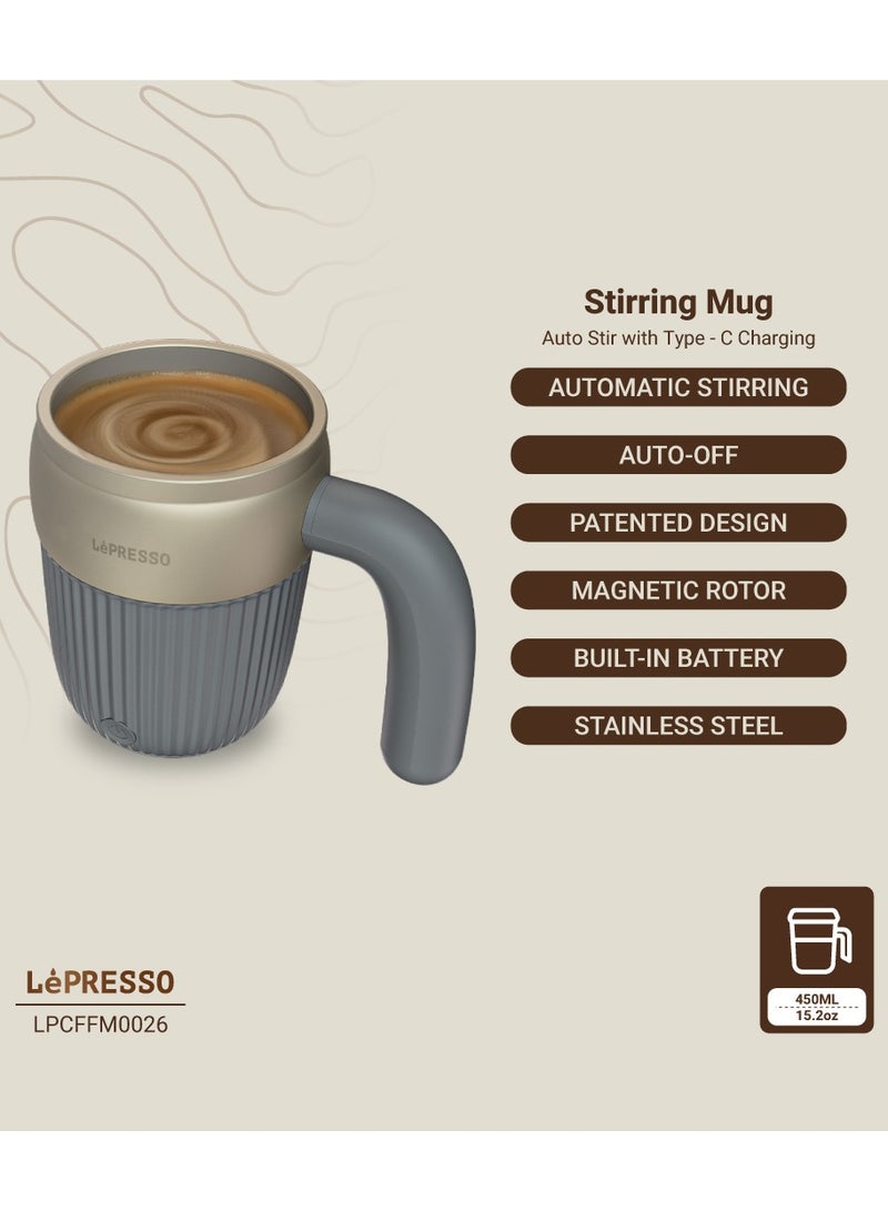 LePRESSO Stirring Mug with Magnetic Rotor, Self-Stirring Mug With Lid, Stainless Steel, Rechargeable Auto Magnetic Mug, Automatic Stirring, 450ml Capacity For All Beverages, USB-C Charging Port, Durable Stainless Steel - Grey - Image 2