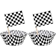 TecUnite 100 Pieces Checkered Flag Race Flag Cupcake Topper Picks and 100 Pieces Race Flag Cupcake Wrapper Paper Baking - Image 1