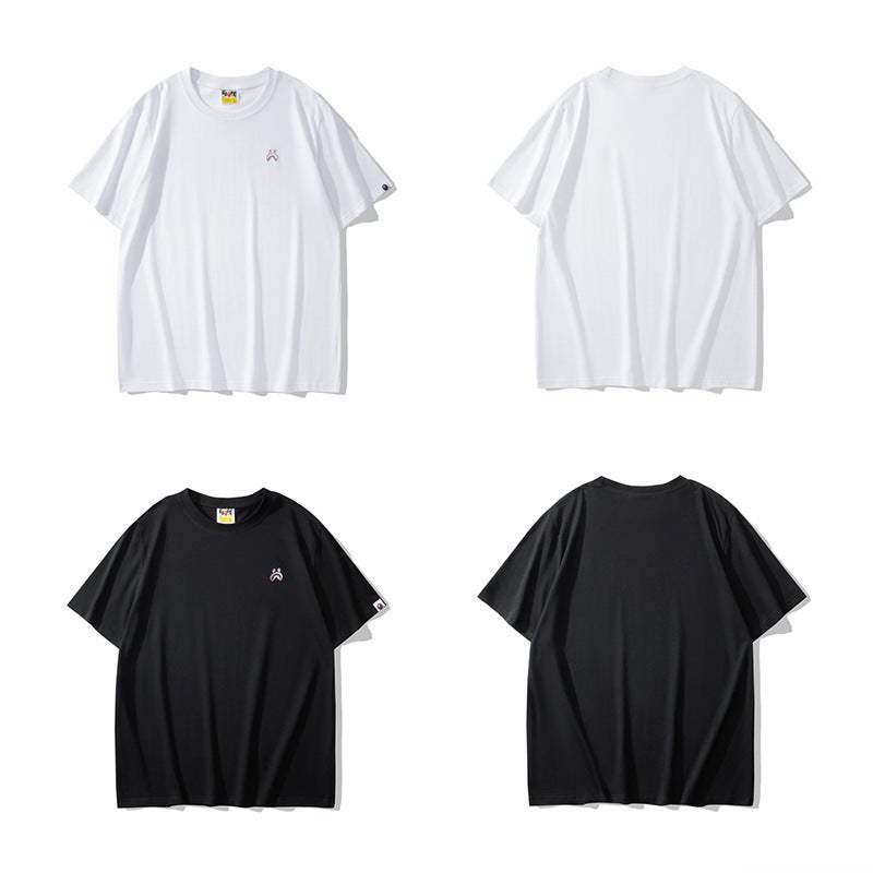 Trade Trendy Brand Embroidery Shark Small Standard Pure Cotton Loose Men And Women Couple Round Neck Short-Sleeved T-Shirt Summer Tee - Image 2