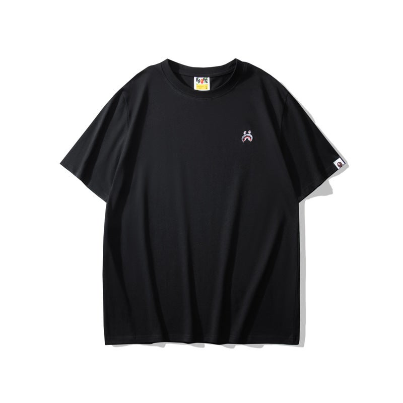 Trade Trendy Brand Embroidery Shark Small Standard Pure Cotton Loose Men And Women Couple Round Neck Short-Sleeved T-Shirt Summer Tee - Image 3