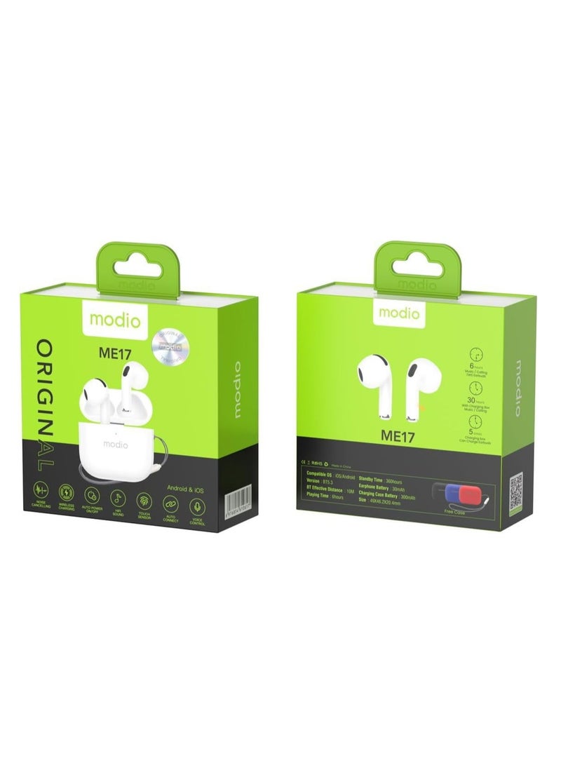 modio ME17 Wireless Bluetooth Earbud Pro – Lightweight Single Earbud with Bluetooth 5.3, Built-In Mic, Noise Isolation, Long Battery Life & USB Charging Case – Hands-Free Headset for Android, iPhone & Tablets – Compact White Design for Calls, Music & Daily Use - Image 2