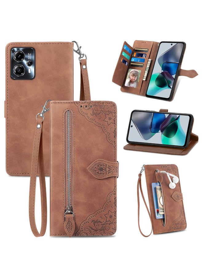 erorex Case For Motorola Moto G23 Embossed Flower Zipper Leather Phone Case - Image 1