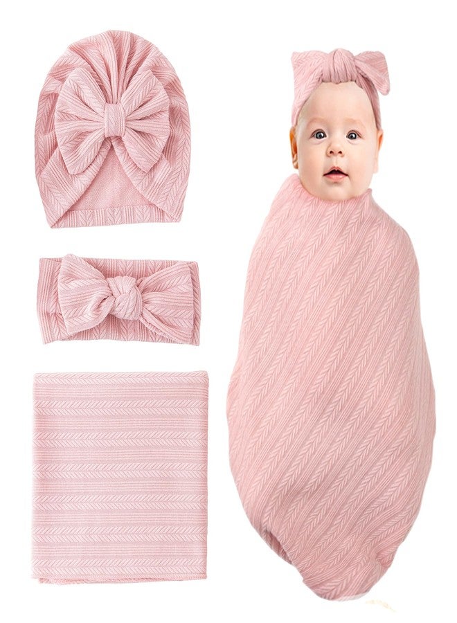 Jastore Baby Infant Swaddle Blankets for Girls 3PCS Newborn Accessories Set with Matching Hat and Bow Headband (Pale Pink, 33"*35") - Image 1