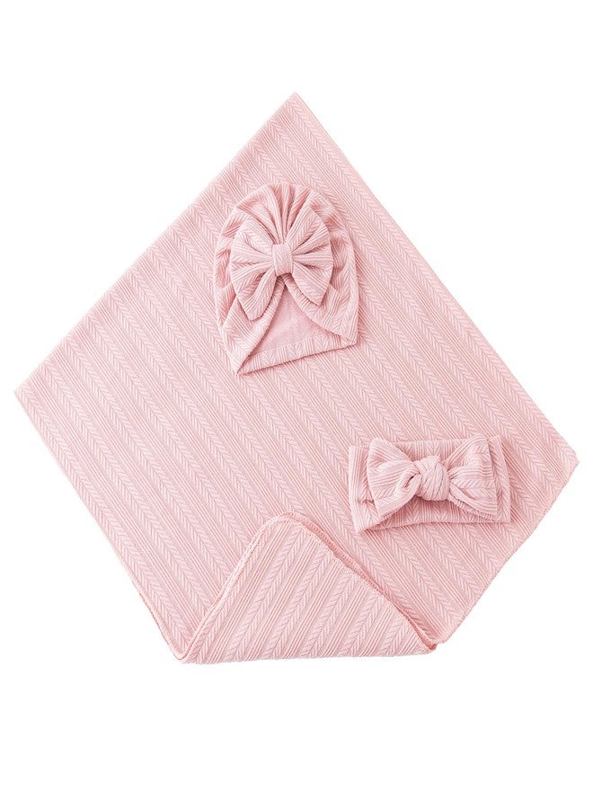 Jastore Baby Infant Swaddle Blankets for Girls 3PCS Newborn Accessories Set with Matching Hat and Bow Headband (Pale Pink, 33"*35") - Image 4