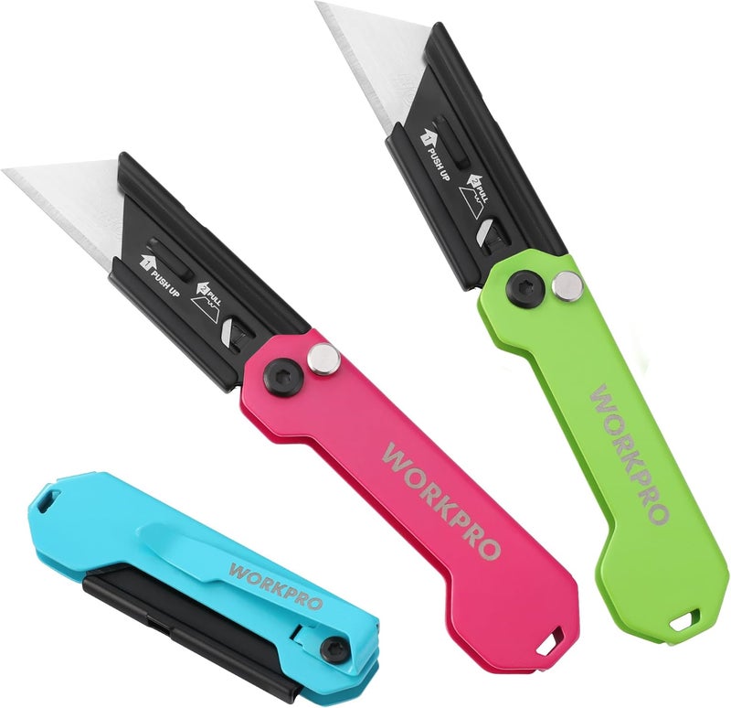 WORKPRO 3-Pack Folding Utility Knife, Razor Blade Knife with Safety Axis Lock, Quick Change Blade Box Cutter, EDC Pocket Knife with Belt Clip - Image 1