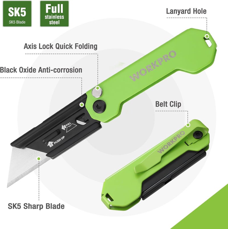 WORKPRO 3-Pack Folding Utility Knife, Razor Blade Knife with Safety Axis Lock, Quick Change Blade Box Cutter, EDC Pocket Knife with Belt Clip - Image 4