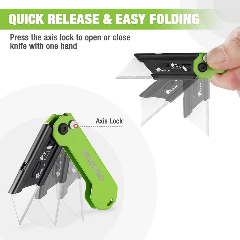 WORKPRO 3-Pack Folding Utility Knife, Razor Blade Knife with Safety Axis Lock, Quick Change Blade Box Cutter, EDC Pocket Knife with Belt Clip - Image 2