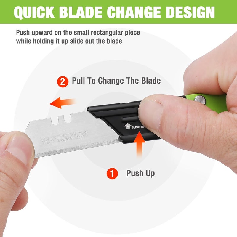 WORKPRO 3-Pack Folding Utility Knife, Razor Blade Knife with Safety Axis Lock, Quick Change Blade Box Cutter, EDC Pocket Knife with Belt Clip - Image 3