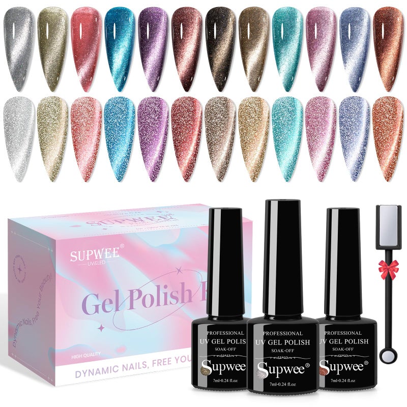 SUPWEE Reflective Cat Eye Gel Nail Polish Sparkling Holographic Magnetic Nail Polish Gels 9D Cateye Gel Polish Set 12 Colors with Magnet for Home DIY Manicure Nails Salon - Image 1