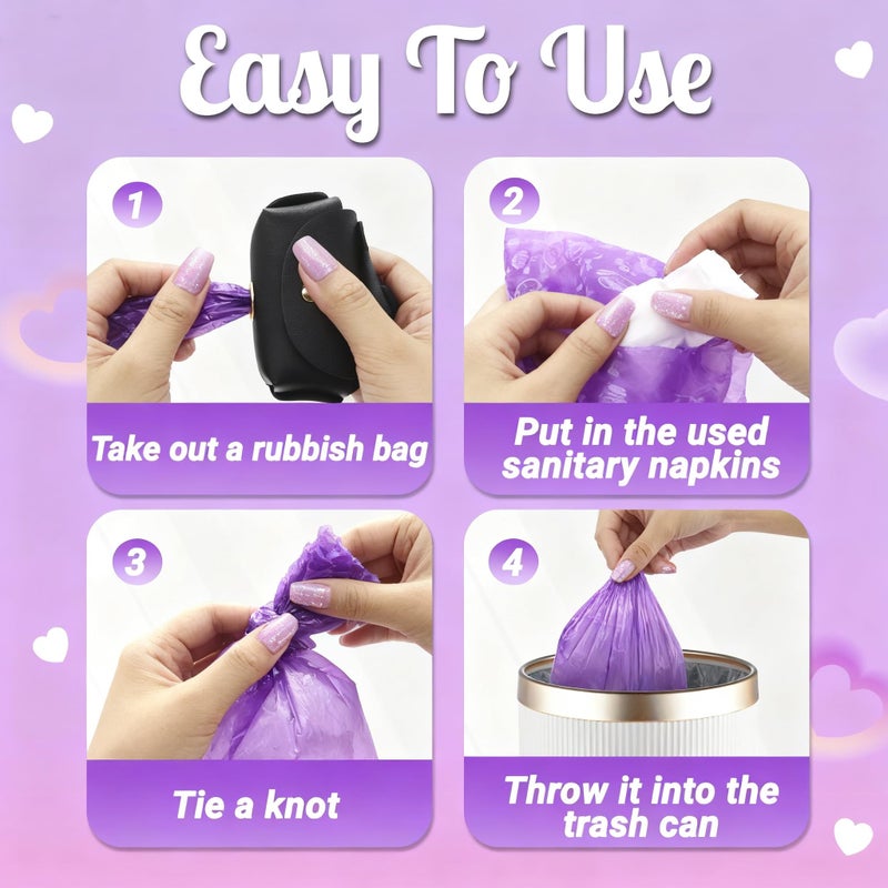 Eyryfui Sanitary Napkin Disposal Bags with Dispenser Feminine Hygiene Disposal Bags for Tampons Trash Bag, Personal Care Sanitary Bag for Women Privacy Handling (Purple) - Image 4