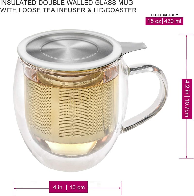 Teabloom كوب زجاجي مقاوم للحرارة مع مصفاة شاي فضفاضة وغطاء – 15 أونصة / 430 مل – يتضمن 2 شاي مزهر - Image 4