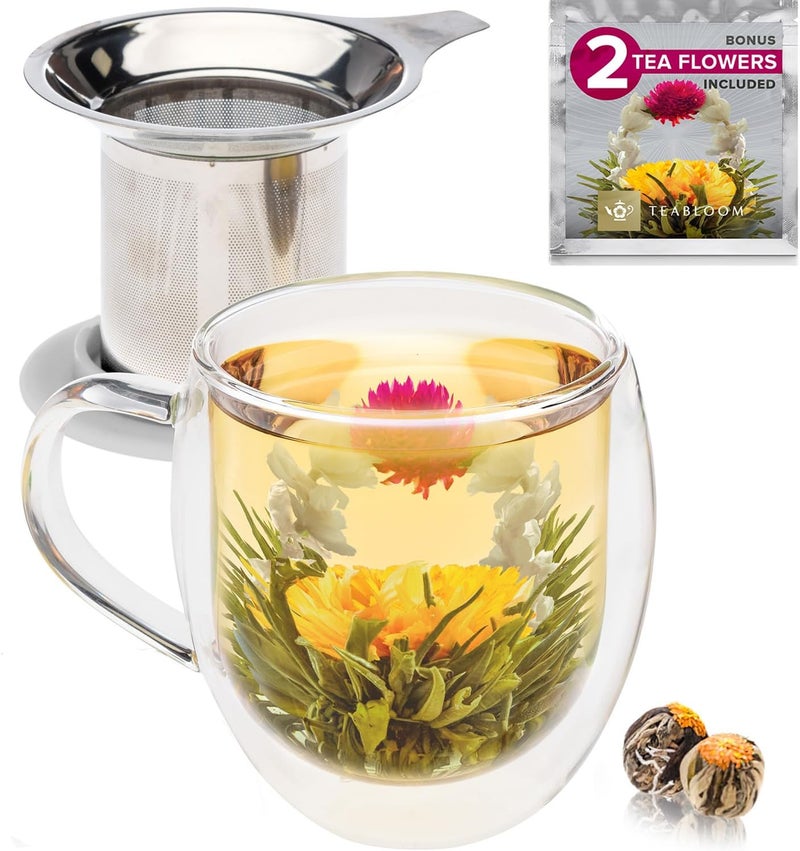 Teabloom كوب زجاجي مقاوم للحرارة مع مصفاة شاي فضفاضة وغطاء – 15 أونصة / 430 مل – يتضمن 2 شاي مزهر - Image 1