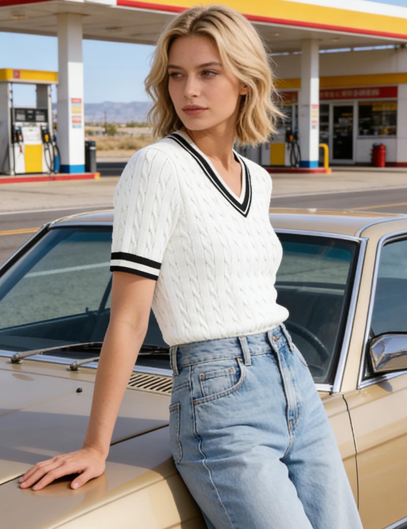Kistore Womens Summer Short Sleeve Knit Sweaters V Neck Cable Knit Color Block Tops Tshirts Blouses White Black L - Image 5