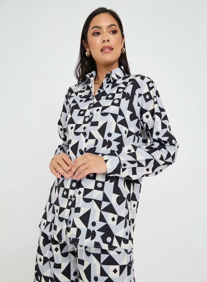 Styli Abstract Print Longline Shirt & Trouser Co-Ord Set