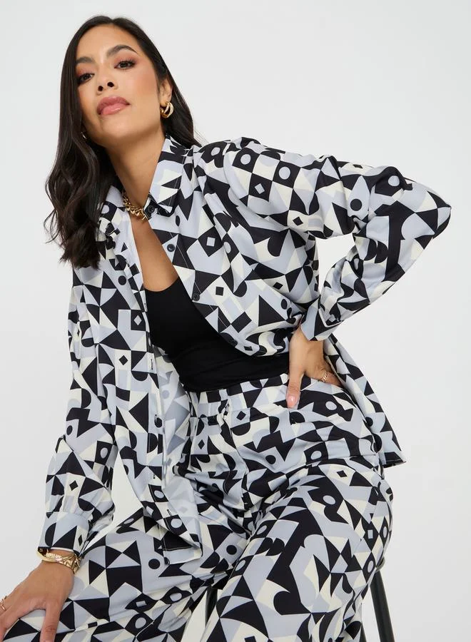 Styli Abstract Print Longline Shirt & Trouser Co-Ord Set