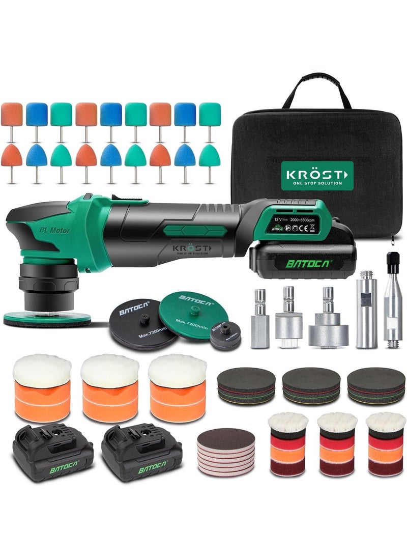 KROST KROST Cordless Brushless DA Car Polisher Buffer Sander Machine Rotary Dual Action Mini Car Detailing Polishing Kit 2 x Liion Batteries Interior Exterior Car Detailing 60Pcs Accesories Kit  - Image 1