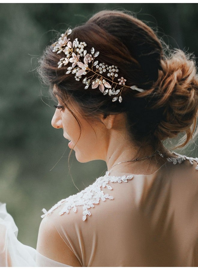 Loquat Handmade Rhinestone Wedding Headband Flower-Leaf Bridal Headpieces For Wedding Pearl Hair Accessories (Gold) - Image 3