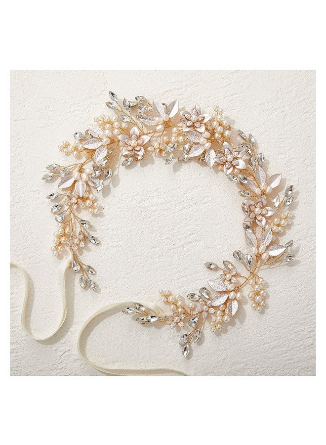 Loquat Handmade Rhinestone Wedding Headband Flower-Leaf Bridal Headpieces For Wedding Pearl Hair Accessories (Gold) - Image 1
