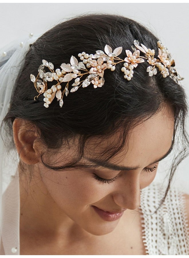 Loquat Handmade Rhinestone Wedding Headband Flower-Leaf Bridal Headpieces For Wedding Pearl Hair Accessories (Gold) - Image 2