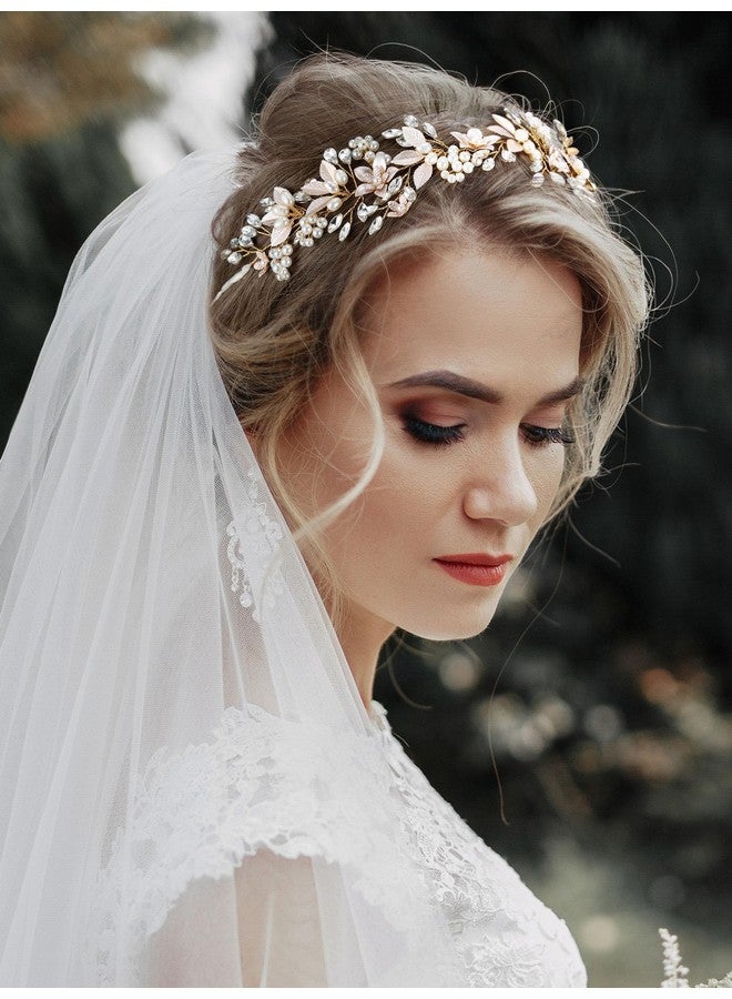 Loquat Handmade Rhinestone Wedding Headband Flower-Leaf Bridal Headpieces For Wedding Pearl Hair Accessories (Gold) - Image 4