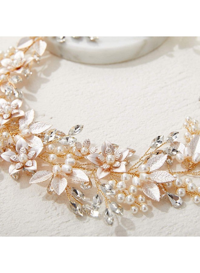 Loquat Handmade Rhinestone Wedding Headband Flower-Leaf Bridal Headpieces For Wedding Pearl Hair Accessories (Gold) - Image 5