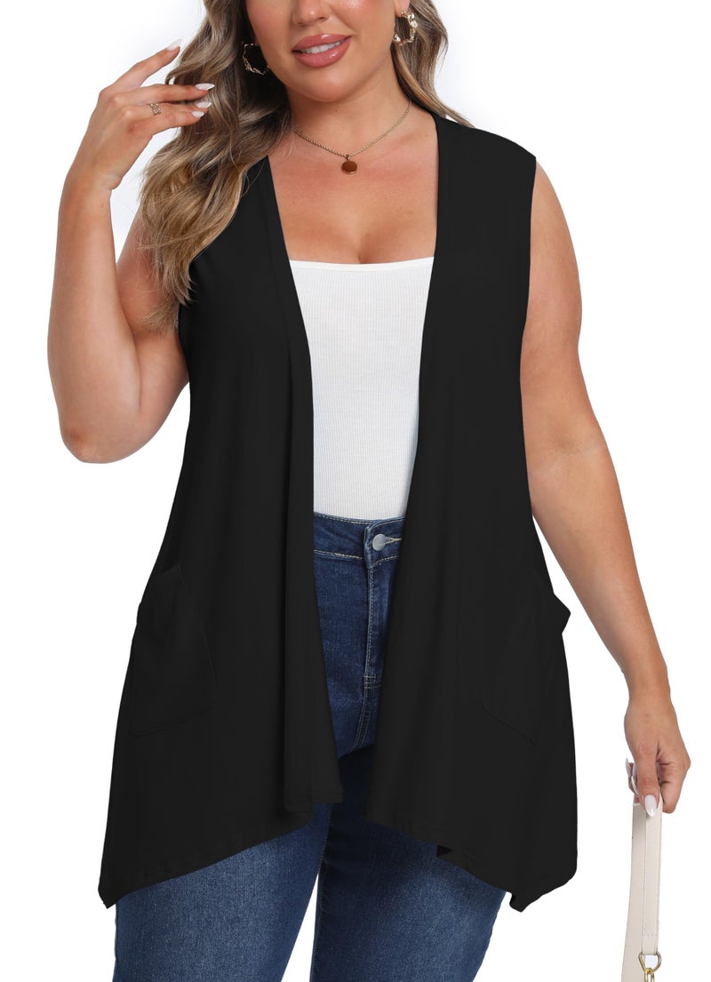 OLRIK Lightweight Plus Size Cardigan 2026 with Pocket Sleeveless Cardigans for Women Summer Black-3X - Image 4