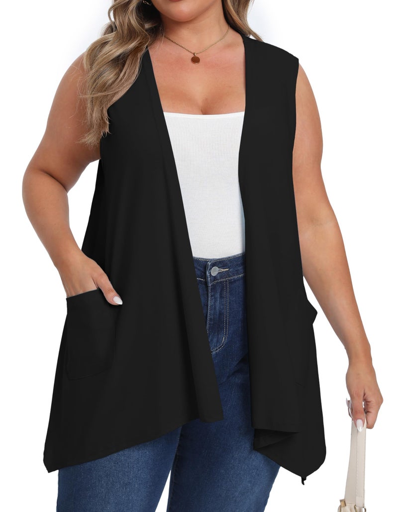 OLRIK Lightweight Plus Size Cardigan 2026 with Pocket Sleeveless Cardigans for Women Summer Black-3X - Image 1