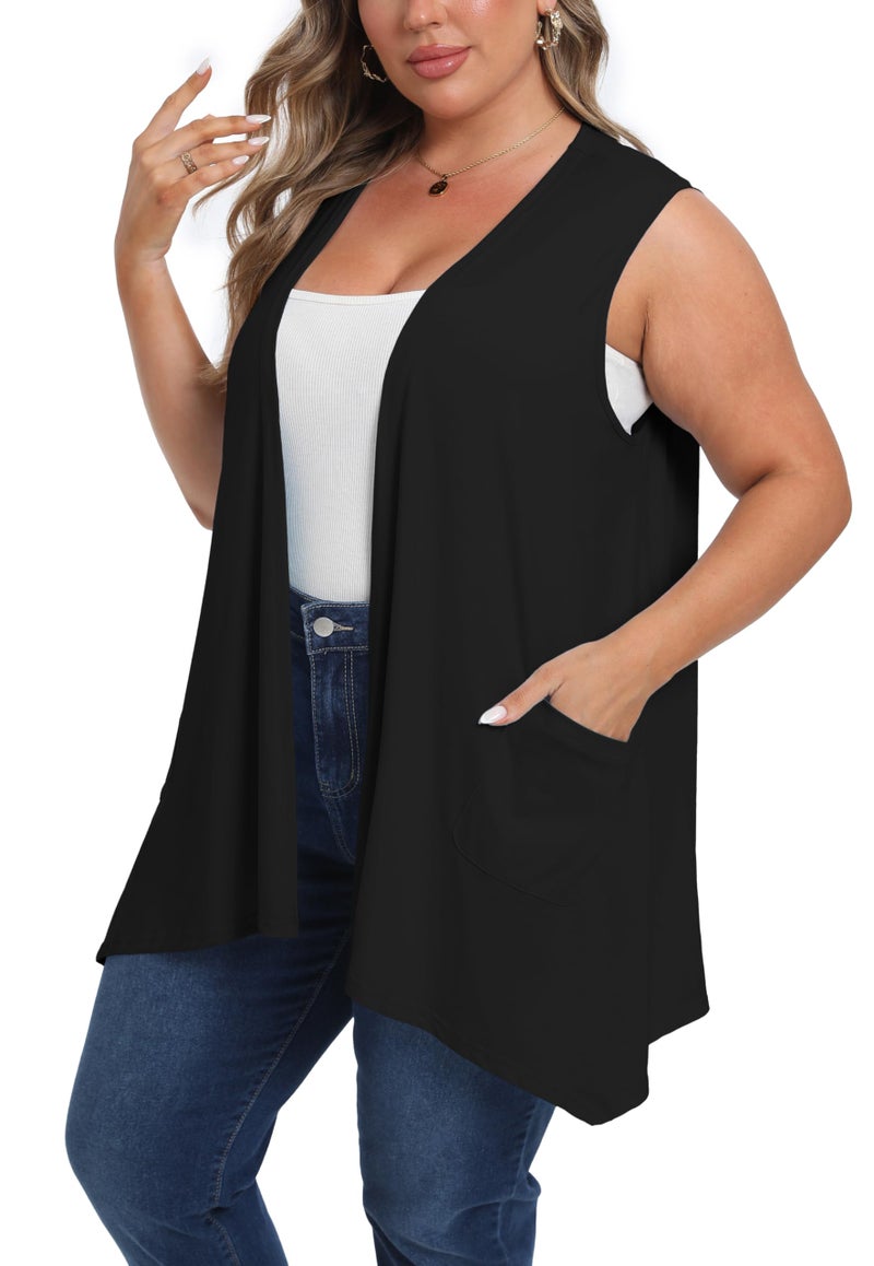 OLRIK Lightweight Plus Size Cardigan 2026 with Pocket Sleeveless Cardigans for Women Summer Black-3X - Image 2