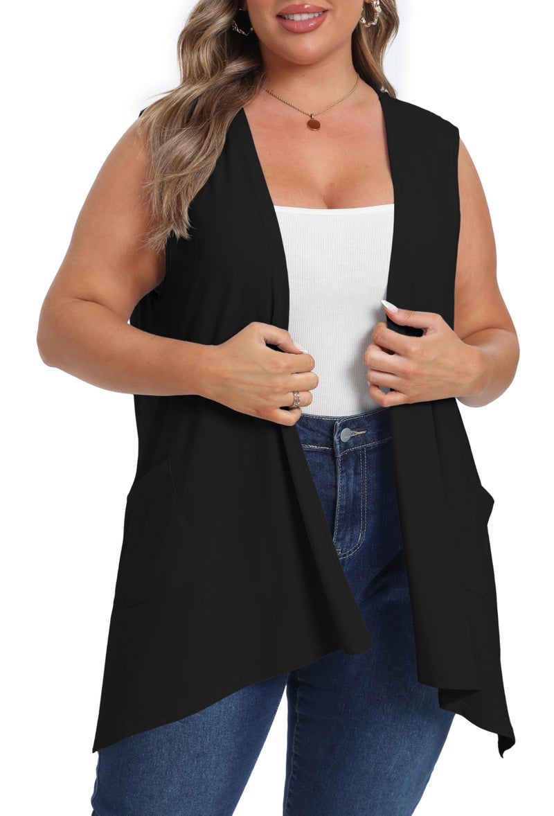 OLRIK Lightweight Plus Size Cardigan 2026 with Pocket Sleeveless Cardigans for Women Summer Black-3X - Image 3