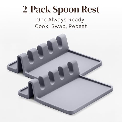 Cooler Kitchen Silicone Spoon Rest for Stove Top with Drip Pad (2 Pack) - Heat Resistant BPA Free Utensil Rest & Kitchen Spoon Holder for Kitchen Counter - Grill Countertop - Spatula Holder, Tongs, Ladle - Grey - Image 2
