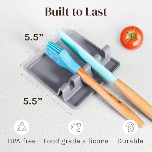 Cooler Kitchen Silicone Spoon Rest for Stove Top with Drip Pad (2 Pack) - Heat Resistant BPA Free Utensil Rest & Kitchen Spoon Holder for Kitchen Counter - Grill Countertop - Spatula Holder, Tongs, Ladle - Grey - Image 5