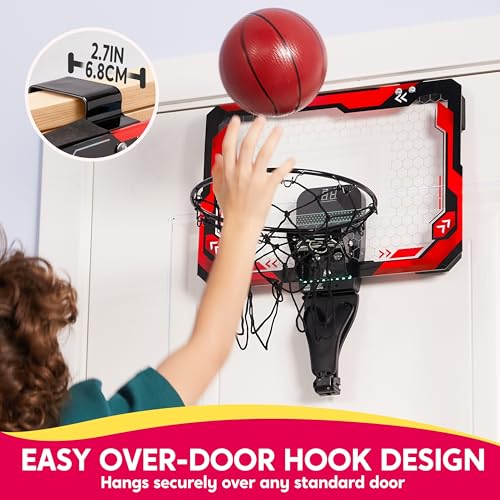 SYNCFUN Mini Basketball Hoop Over The Door LED Indoor Basketball Hoop for Kids with Scoreboard 4 Balls Basket Ball Game Toys Gifts for Boys Ages 3 and UPRed - Image 5