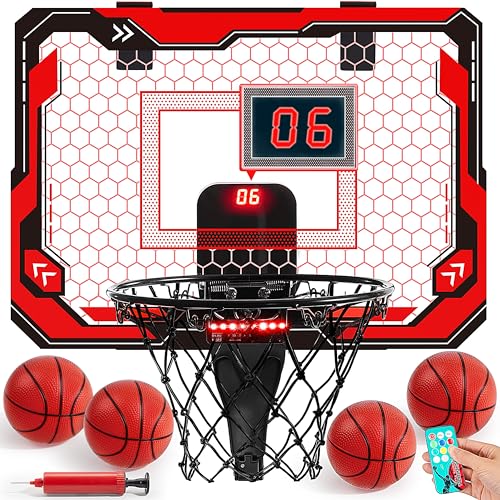 SYNCFUN Mini Basketball Hoop Over The Door LED Indoor Basketball Hoop for Kids with Scoreboard 4 Balls Basket Ball Game Toys Gifts for Boys Ages 3 and UPRed - Image 1