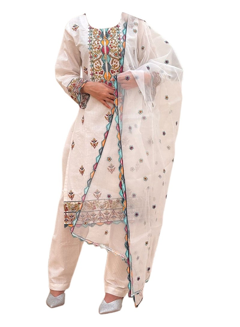 وينشيلز قميص باكستاني مطرز، بنطلون سادة ووشاح شبكي - أبيض - متوسط - Image 1
