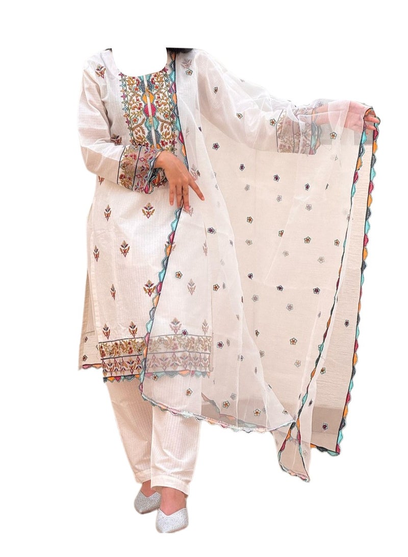 وينشيلز قميص باكستاني مطرز، بنطلون سادة ووشاح شبكي - أبيض - متوسط - Image 2