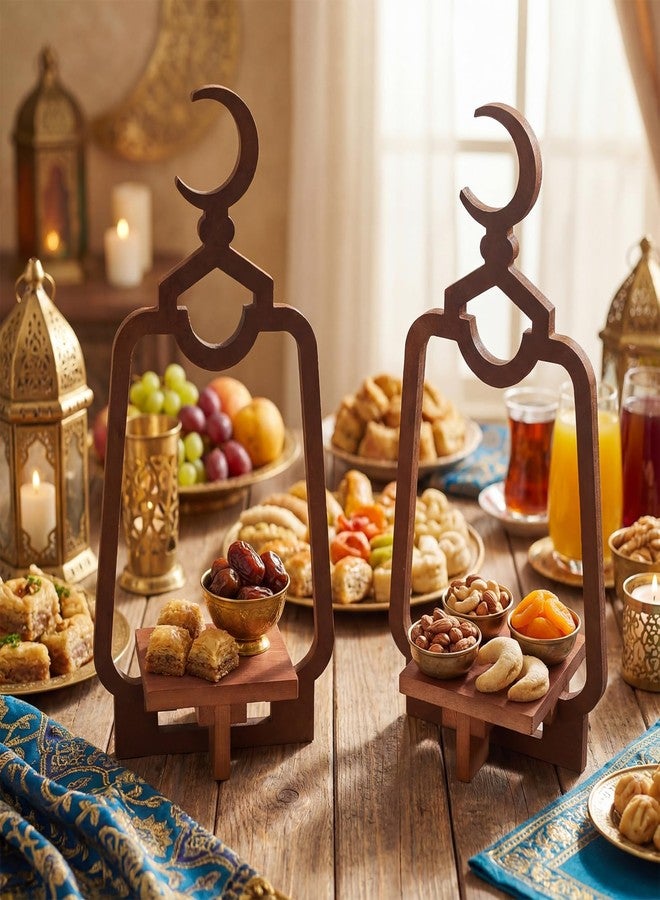 Teecyhooo 2 Pcs Wooden Ramadan Table Decoration Ramadan Serving Trays Moon Eid Mubarak Food Dessert Serving Trays for Home Mubarak Islamic Muslim Party Decoration - Image 3