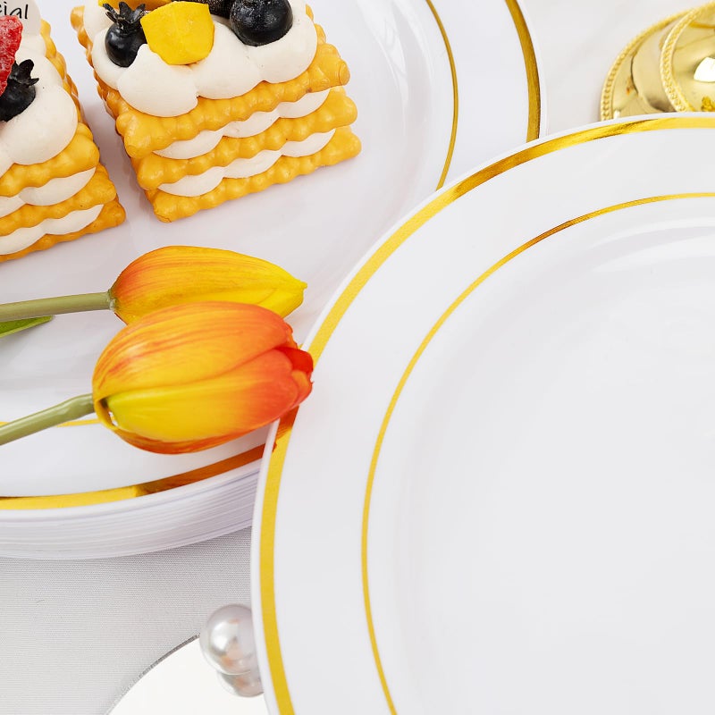 bUCLA 30PCS White and Gold Plastic Dinner Plates Disposable - 10.25inch Premium White Gold Rim Plates, Ideal for Wedding & Party - Image 4