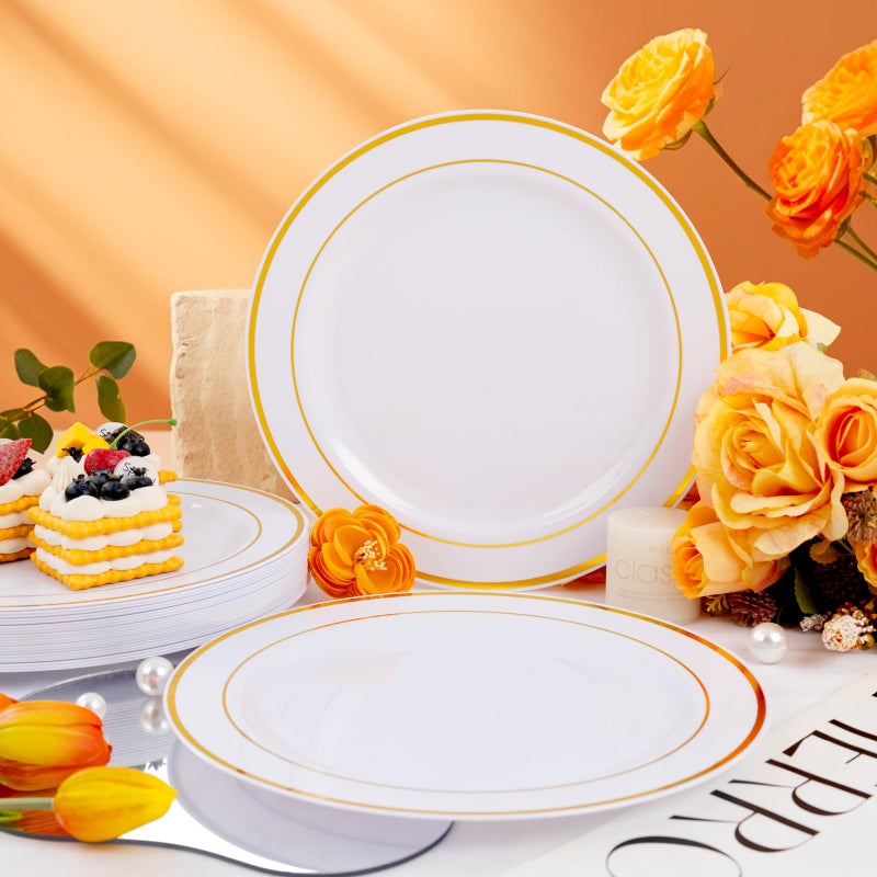 bUCLA 30PCS White and Gold Plastic Dinner Plates Disposable - 10.25inch Premium White Gold Rim Plates, Ideal for Wedding & Party - Image 5