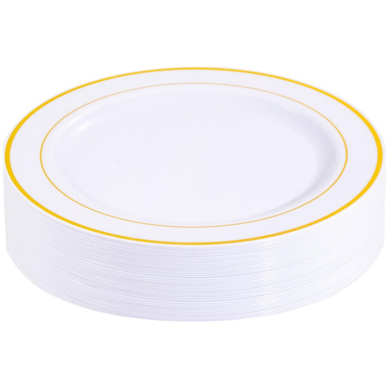 bUCLA 30PCS White and Gold Plastic Dinner Plates Disposable - 10.25inch Premium White Gold Rim Plates, Ideal for Wedding & Party - Image 1