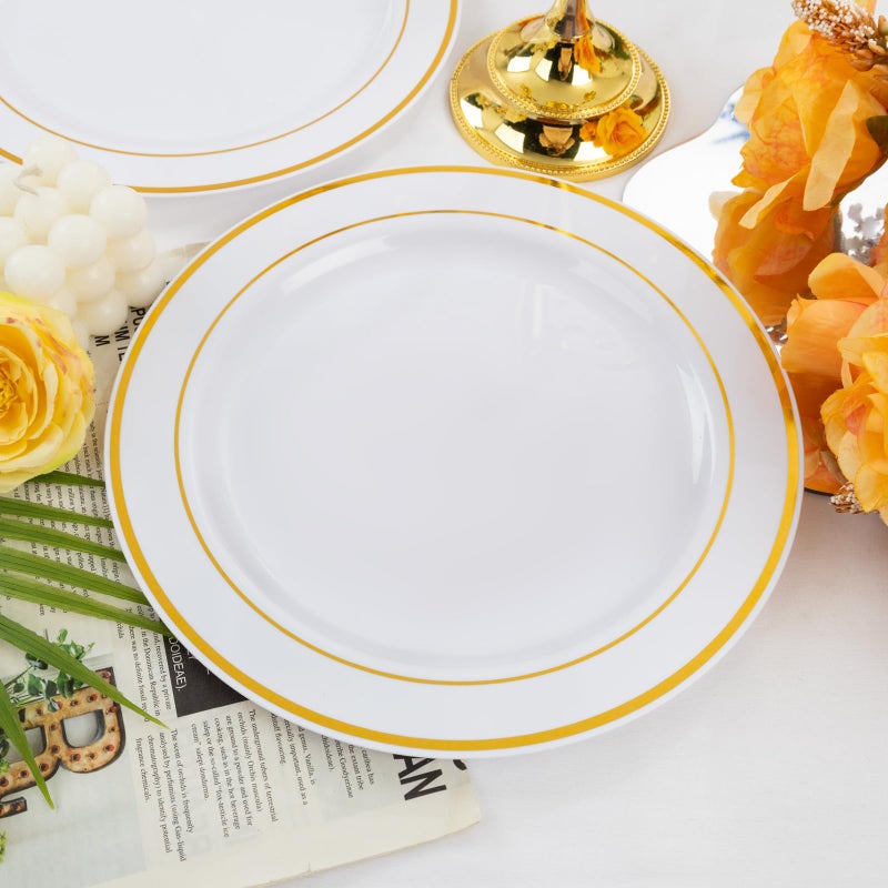 bUCLA 30PCS White and Gold Plastic Dinner Plates Disposable - 10.25inch Premium White Gold Rim Plates, Ideal for Wedding & Party - Image 3