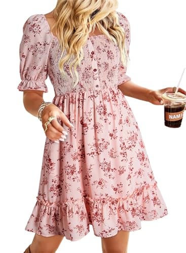 Dokotoo Pink Dress for Women Summer Boho Square Neck Short Sleeve Mini Dresses Womens Easter Smocked Empire Waist Cute Floral Pattern Swing Babydoll Fashion Party Sundresses Small - Image 1