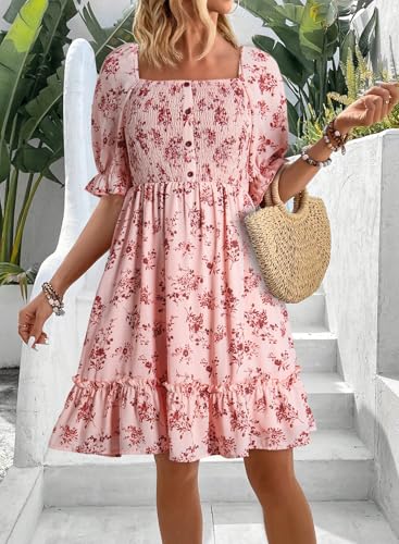 Dokotoo Pink Dress for Women Summer Boho Square Neck Short Sleeve Mini Dresses Womens Easter Smocked Empire Waist Cute Floral Pattern Swing Babydoll Fashion Party Sundresses Small - Image 2