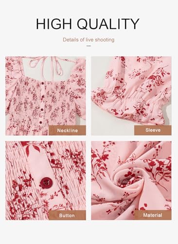 Dokotoo Pink Dress for Women Summer Boho Square Neck Short Sleeve Mini Dresses Womens Easter Smocked Empire Waist Cute Floral Pattern Swing Babydoll Fashion Party Sundresses Small - Image 5