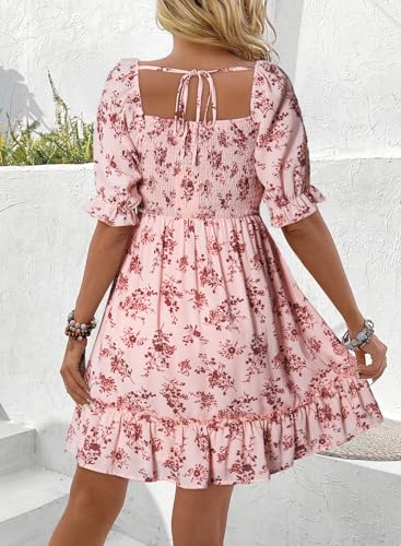 Dokotoo Pink Dress for Women Summer Boho Square Neck Short Sleeve Mini Dresses Womens Easter Smocked Empire Waist Cute Floral Pattern Swing Babydoll Fashion Party Sundresses Small - Image 3