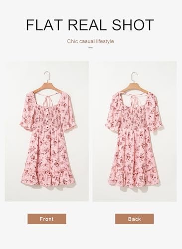 Dokotoo Pink Dress for Women Summer Boho Square Neck Short Sleeve Mini Dresses Womens Easter Smocked Empire Waist Cute Floral Pattern Swing Babydoll Fashion Party Sundresses Small - Image 4