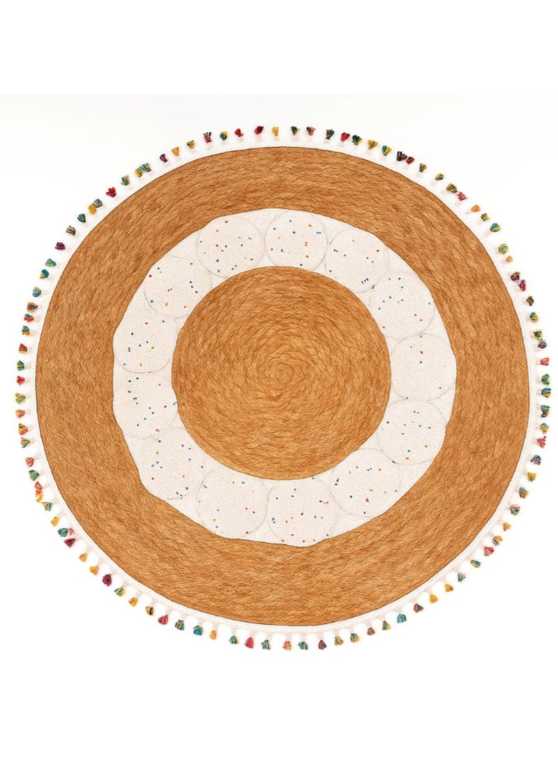 لينجوي سجادة دائرية مصنوعة يدويًا من الجوت مع قماش ودلايات شرابات ملونة وسجادة أرضية - Image 1