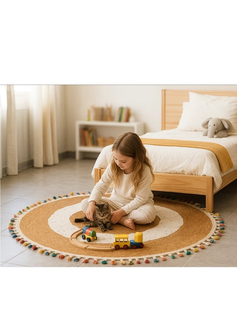 لينجوي سجادة دائرية مصنوعة يدويًا من الجوت مع قماش ودلايات شرابات ملونة وسجادة أرضية - Image 2