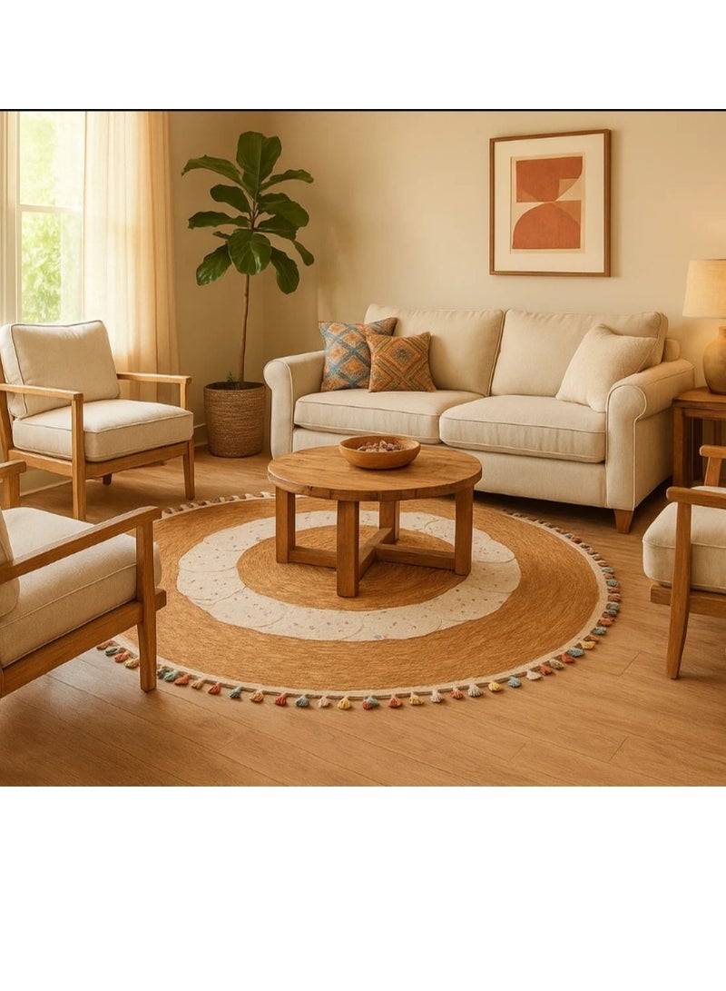 لينجوي سجادة دائرية مصنوعة يدويًا من الجوت مع قماش ودلايات شرابات ملونة وسجادة أرضية - Image 3