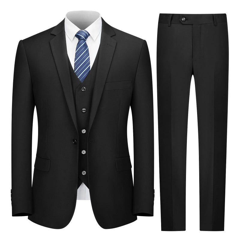 Cooper Nelson Mens Suit Slim Fit 3 Piece Suits for Men One Button Solid Jacket Vest Pants with Tie Tuxedo Set Black 2XL